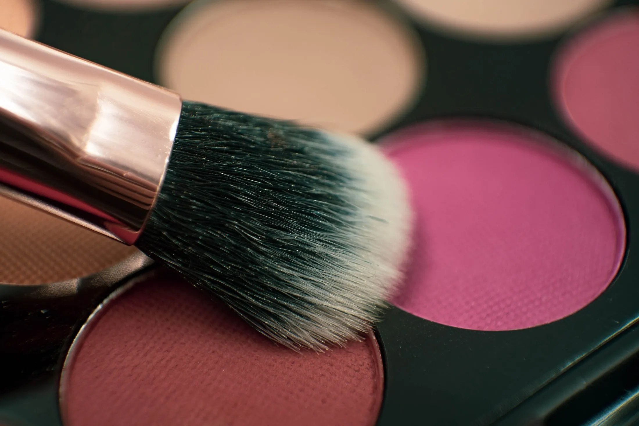 Pincel sobre paleta de sombras rosas, primer plano